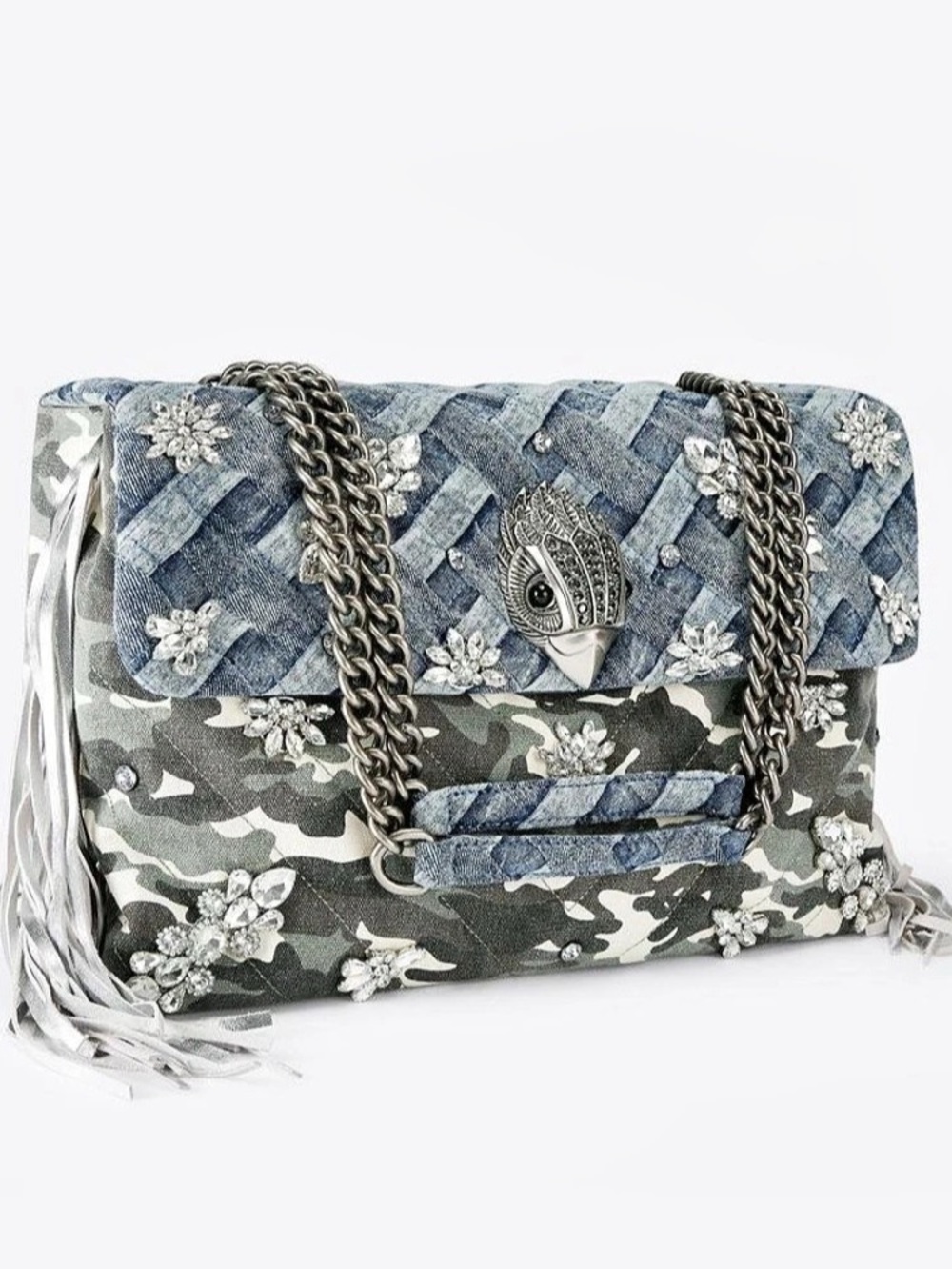 Kurt Geiger London XXL Crystal Kensington Denim Camouflage Camo Shoulder Bag NWT - Picture 2 of 6